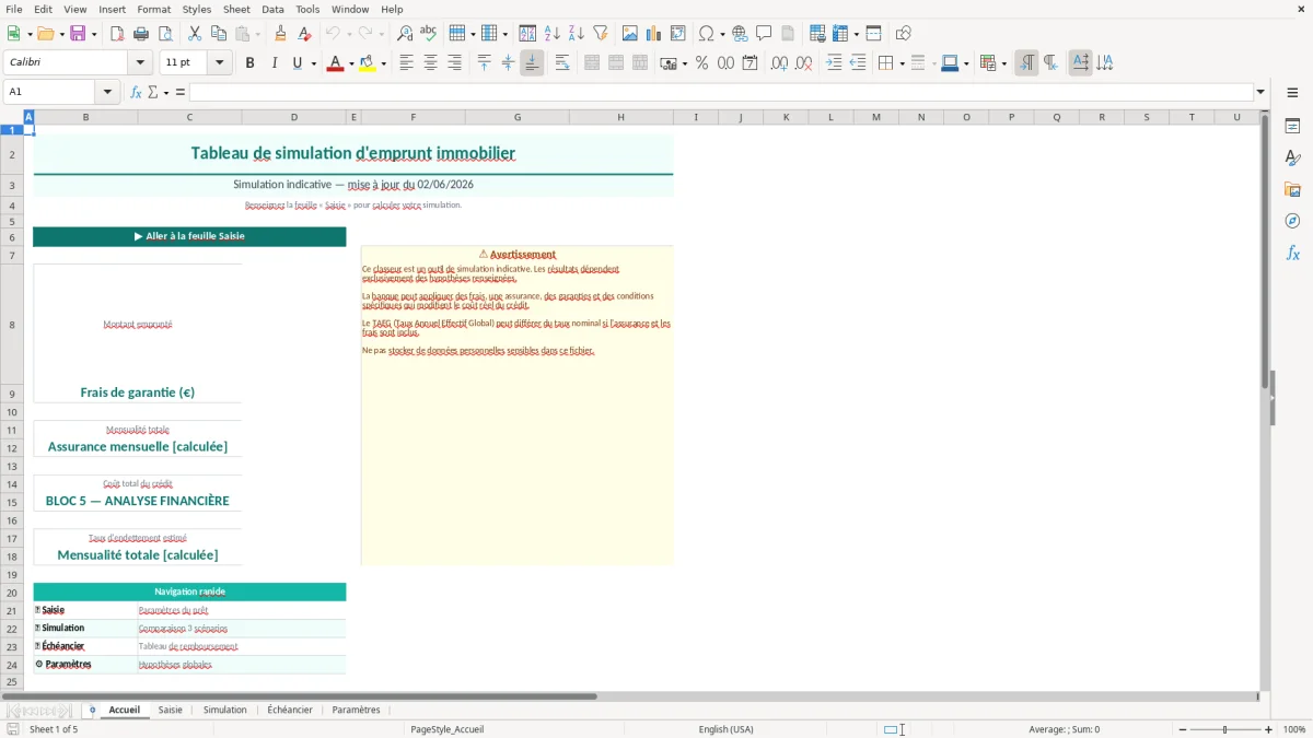 Capture d'écran 1 : Feuille Accueil - Modèle Excel tableau simulation emprunt immobilier excel