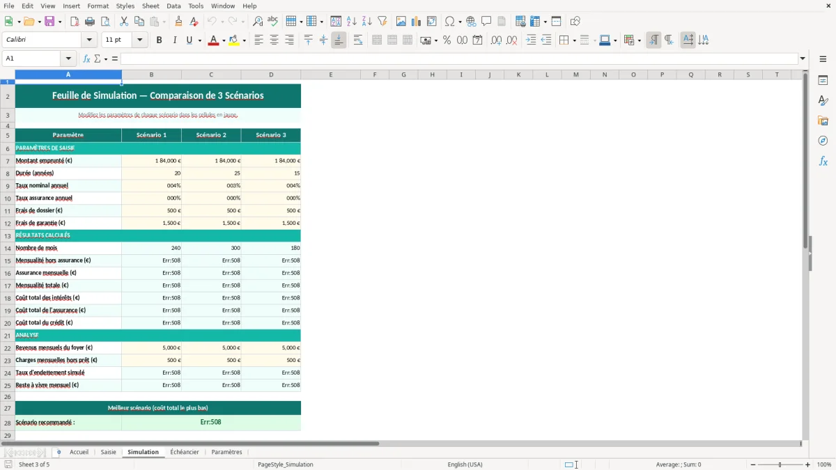 Capture d'écran 3 : Feuille Simulation - Modèle Excel tableau simulation emprunt immobilier excel