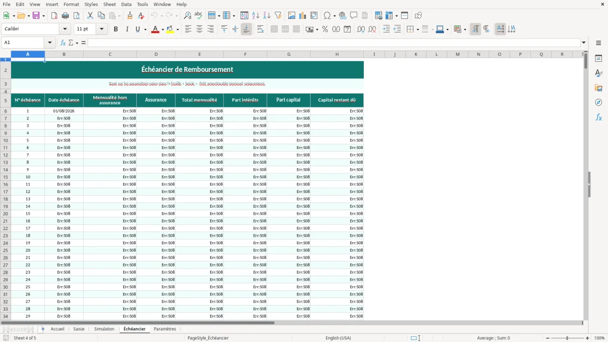 Capture d'écran 4 : Feuille Échéancier - Modèle Excel tableau simulation emprunt immobilier excel