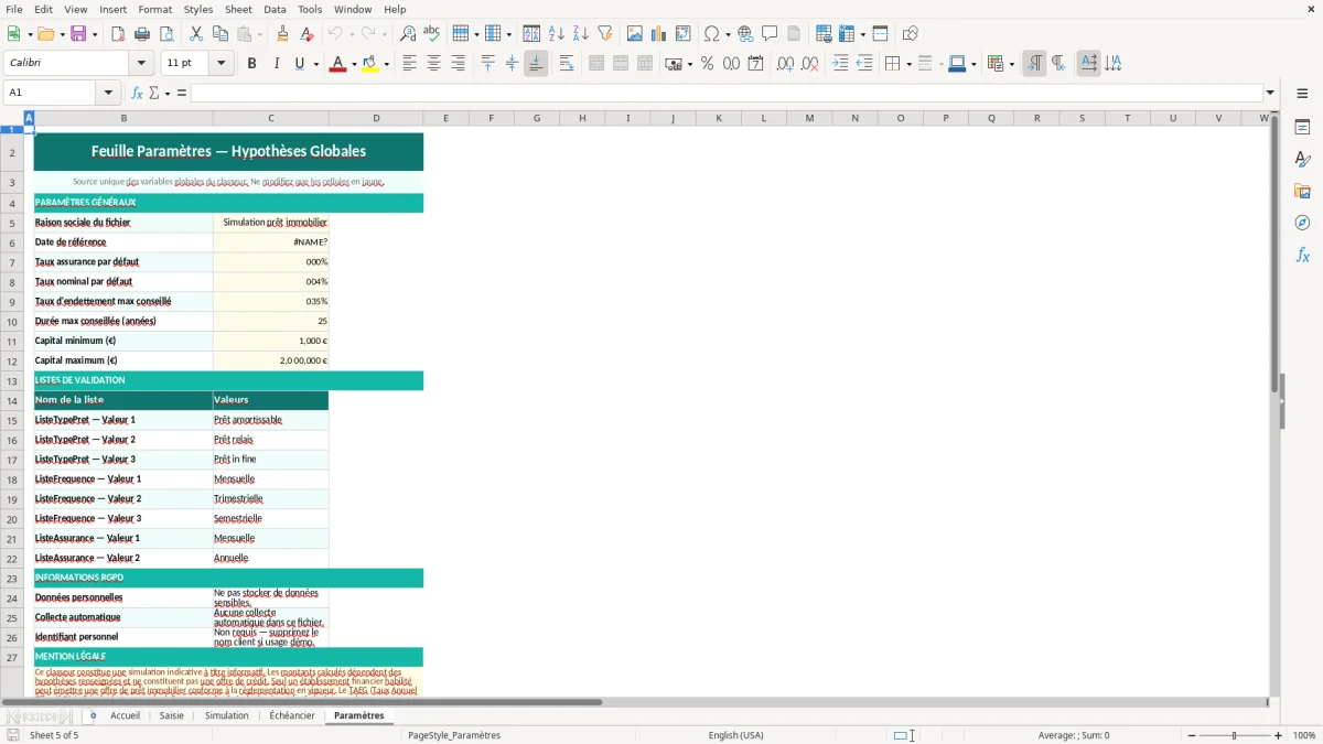 Capture d'écran 5 : Feuille Paramètres - Modèle Excel tableau simulation emprunt immobilier excel