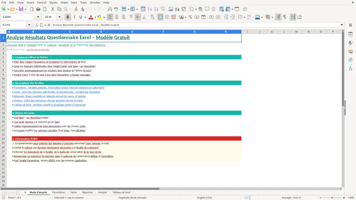 Capture d'écran 1 : Feuille Mode d'emploi - Modèle Excel Analyse Résultats Questionnaire Excel - Modèle Gratuit (2026)