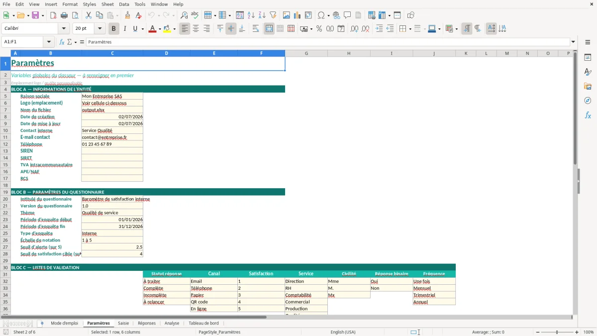 Capture d'écran 2 : Feuille Paramètres - Modèle Excel Analyse Résultats Questionnaire Excel - Modèle Gratuit (2026)