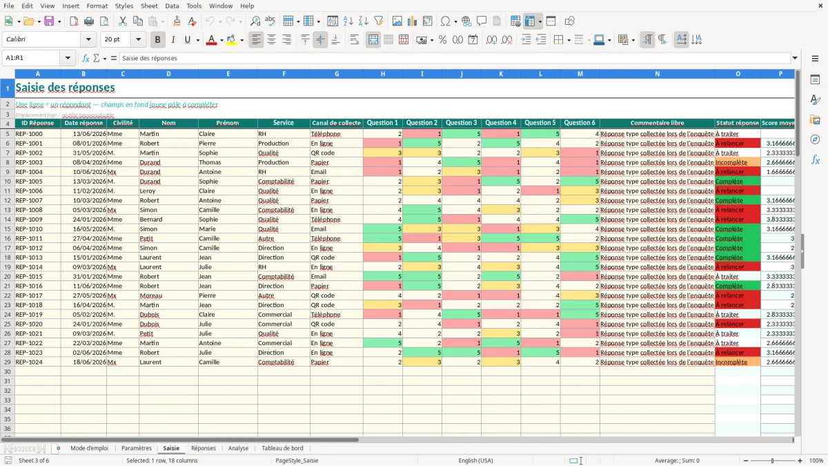 Capture d'écran 3 : Feuille Saisie - Modèle Excel Analyse Résultats Questionnaire Excel - Modèle Gratuit (2026)