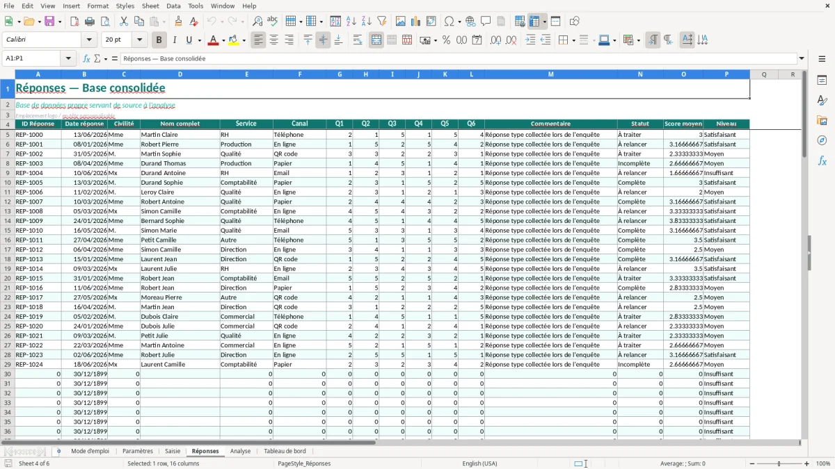 Capture d'écran 4 : Feuille Réponses - Modèle Excel Analyse Résultats Questionnaire Excel - Modèle Gratuit (2026)