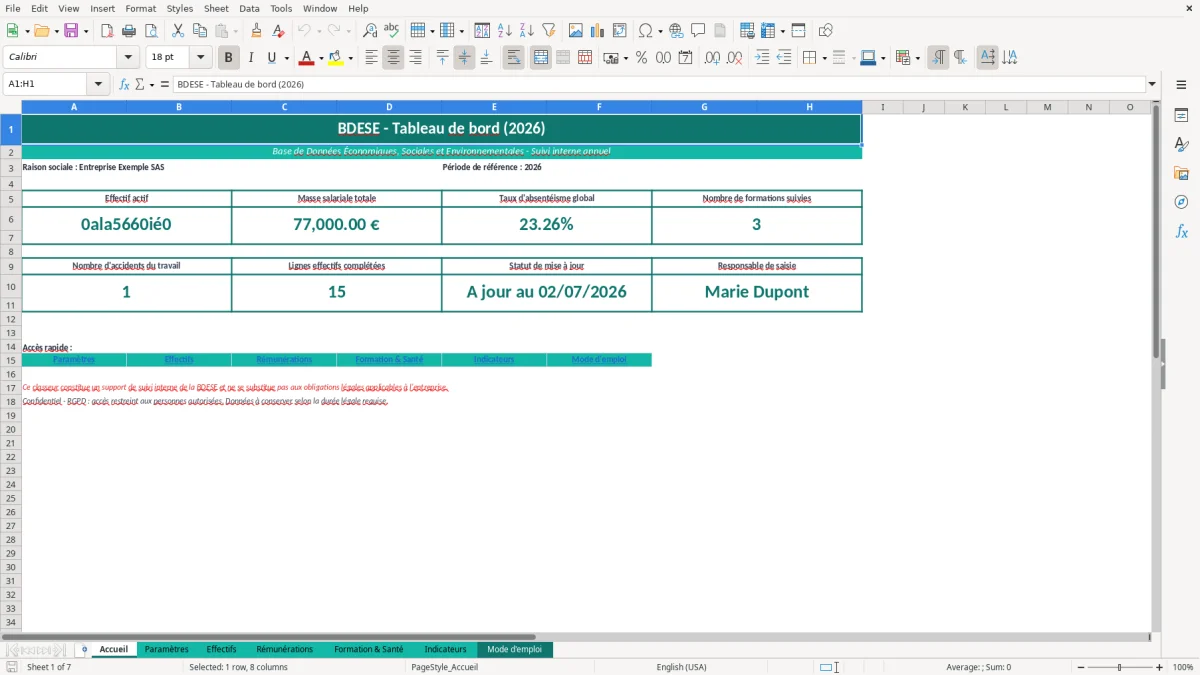 Capture d'écran 1 : Feuille Accueil - Modèle Excel BDESE Excel - Modèle Gratuit (2026)