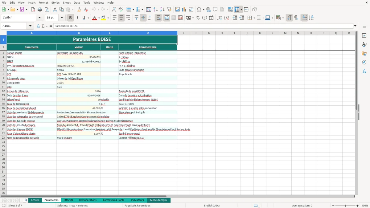 Capture d'écran 2 : Feuille Paramètres - Modèle Excel BDESE Excel - Modèle Gratuit (2026)