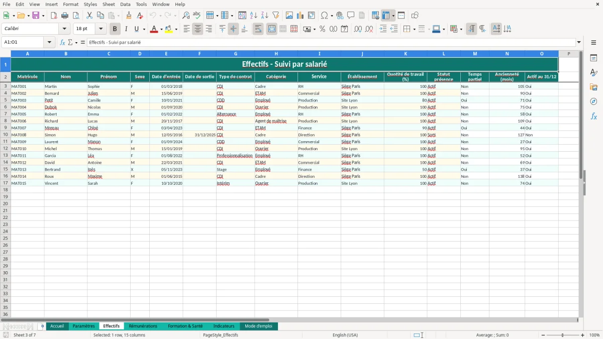 Capture d'écran 3 : Feuille Effectifs - Modèle Excel BDESE Excel - Modèle Gratuit (2026)