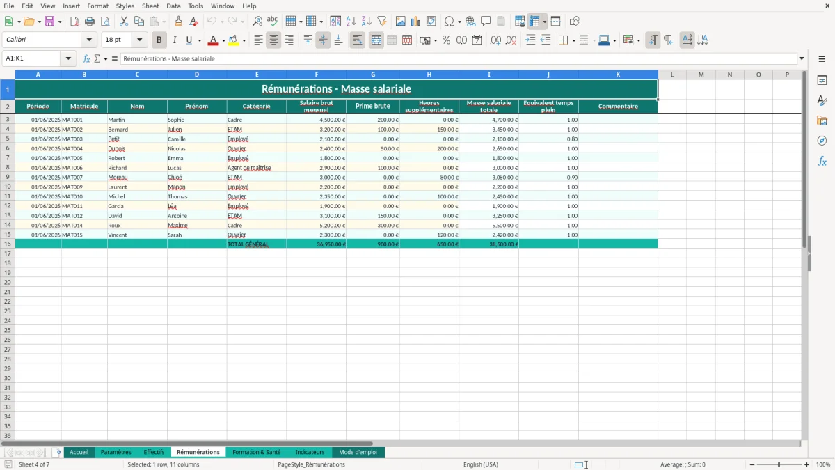 Capture d'écran 4 : Feuille Rémunérations - Modèle Excel BDESE Excel - Modèle Gratuit (2026)