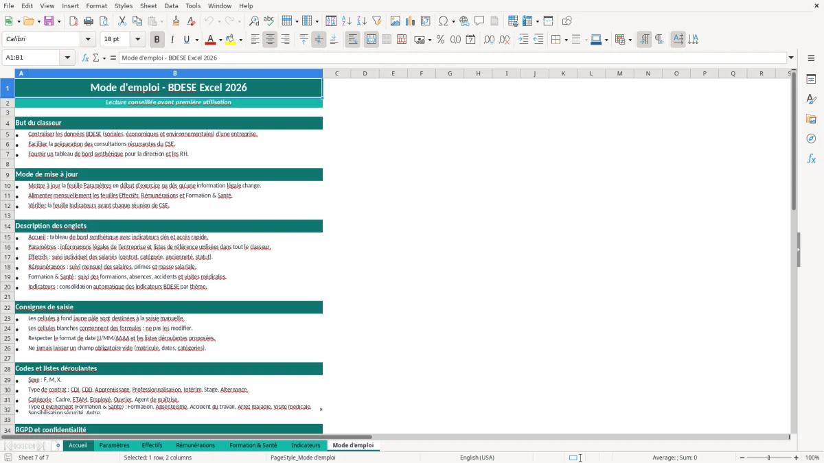 Capture d'écran 7 : Feuille Mode d'emploi - Modèle Excel BDESE Excel - Modèle Gratuit (2026)