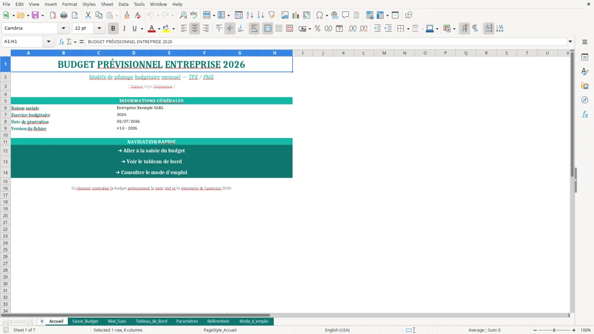 Capture d'écran 1 : Feuille Accueil - Modèle Excel Budget Prévisionnel Entreprise Excel - Modèle Gratuit (2026)