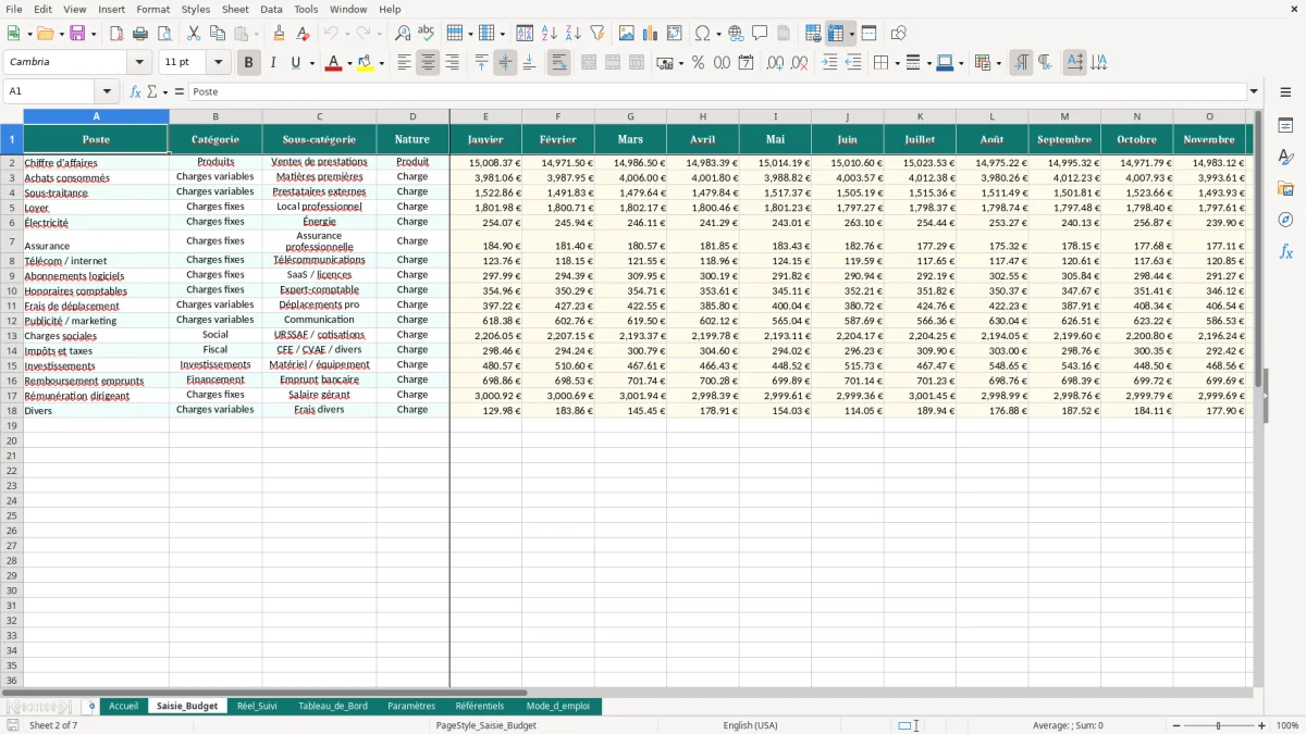 Capture d'écran 2 : Feuille Saisie_Budget - Modèle Excel Budget Prévisionnel Entreprise Excel - Modèle Gratuit (2026)