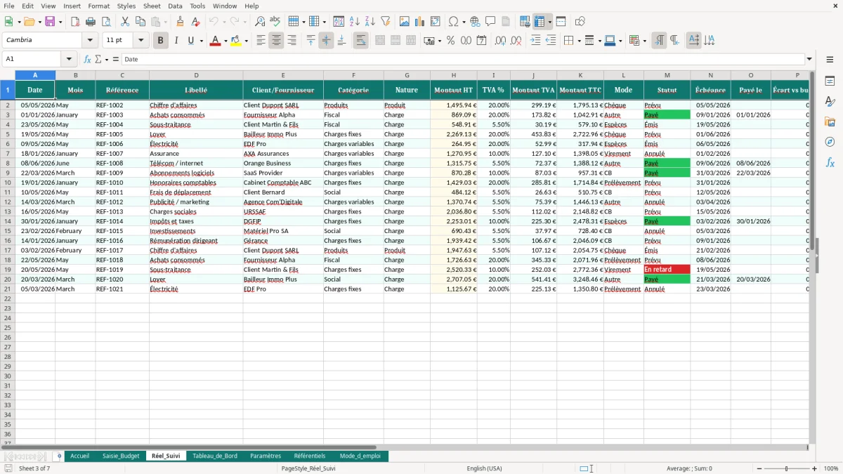 Capture d'écran 3 : Feuille Réel_Suivi - Modèle Excel Budget Prévisionnel Entreprise Excel - Modèle Gratuit (2026)