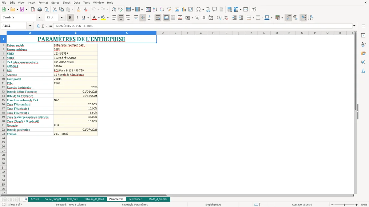 Capture d'écran 5 : Feuille Paramètres - Modèle Excel Budget Prévisionnel Entreprise Excel - Modèle Gratuit (2026)