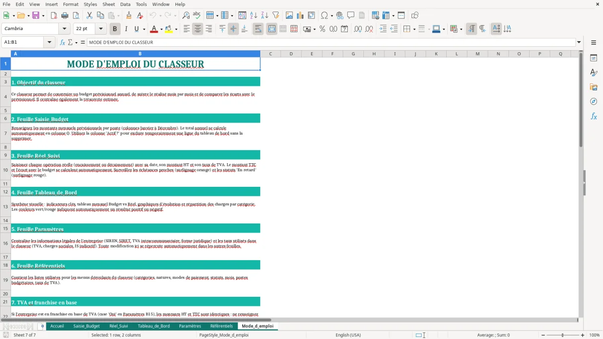 Capture d'écran 7 : Feuille Mode_d_emploi - Modèle Excel Budget Prévisionnel Entreprise Excel - Modèle Gratuit (2026)
