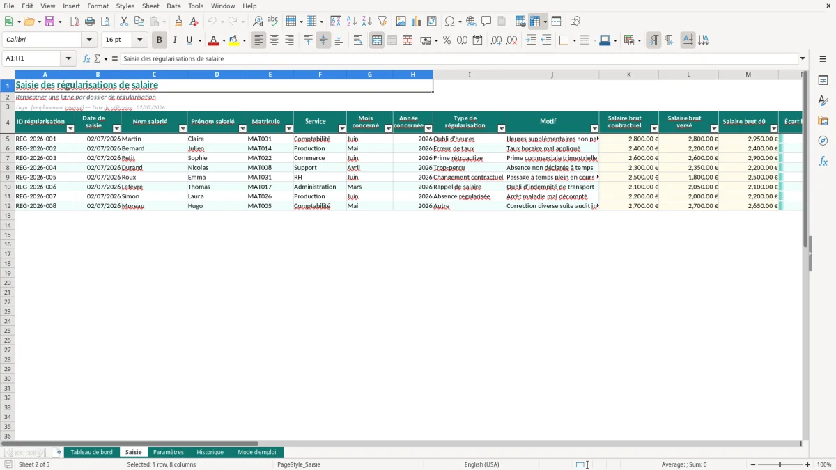 Capture d'écran 2 : Feuille Saisie - Modèle Excel Calcul Régularisation Salaire Excel - Modèle Gratuit (2026)