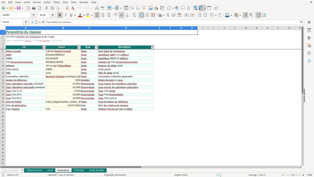 Capture d'écran 3 : Feuille Paramètres - Modèle Excel Calcul Régularisation Salaire Excel - Modèle Gratuit (2026)
