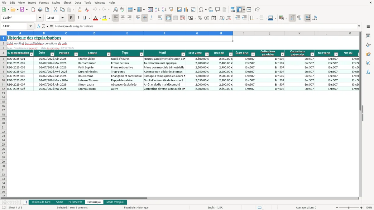 Capture d'écran 4 : Feuille Historique - Modèle Excel Calcul Régularisation Salaire Excel - Modèle Gratuit (2026)