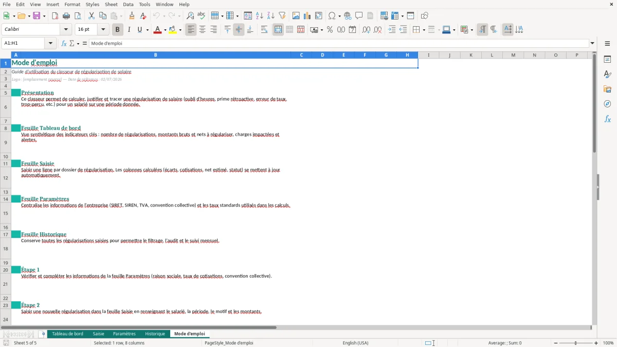 Capture d'écran 5 : Feuille Mode d'emploi - Modèle Excel Calcul Régularisation Salaire Excel - Modèle Gratuit (2026)