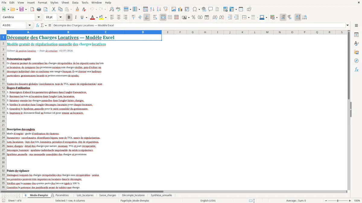 Capture d'écran 1 : Feuille Mode d'emploi - Modèle Excel Décompte des Charges Locatives Excel - Modèle Gratuit (2026)