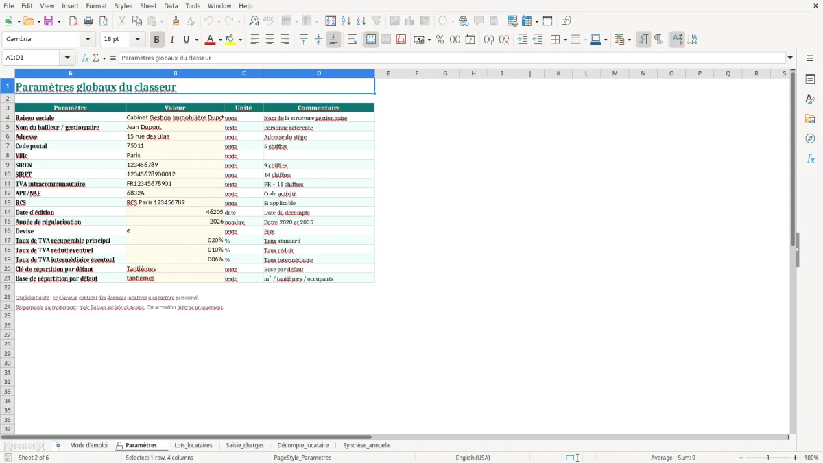 Capture d'écran 2 : Feuille Paramètres - Modèle Excel Décompte des Charges Locatives Excel - Modèle Gratuit (2026)