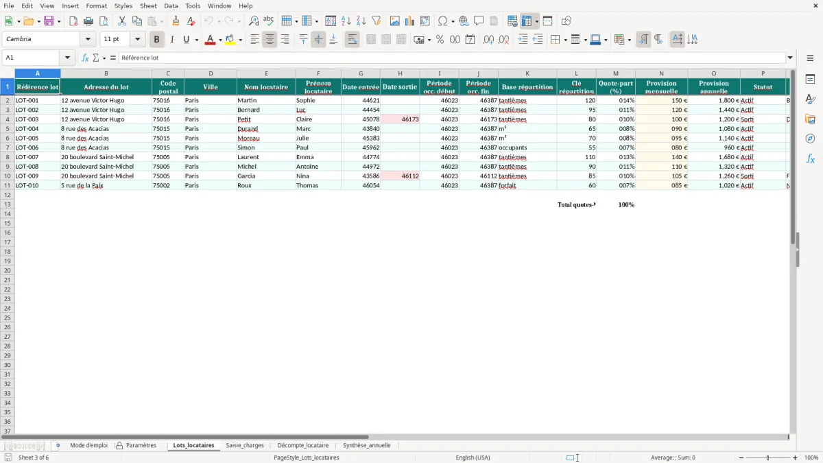 Capture d'écran 3 : Feuille Lots_locataires - Modèle Excel Décompte des Charges Locatives Excel - Modèle Gratuit (2026)