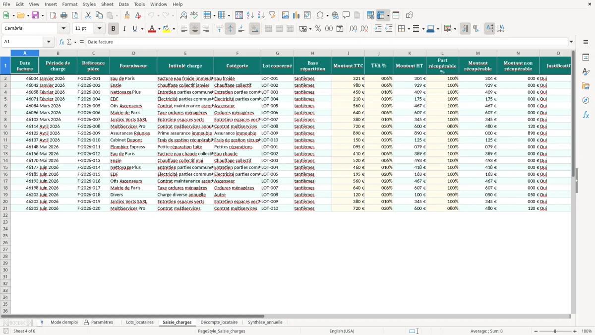 Capture d'écran 4 : Feuille Saisie_charges - Modèle Excel Décompte des Charges Locatives Excel - Modèle Gratuit (2026)