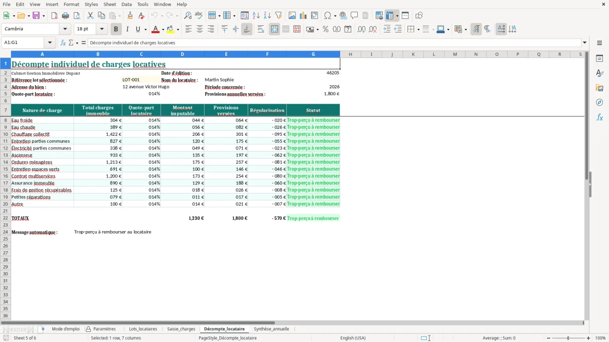 Capture d'écran 5 : Feuille Décompte_locataire - Modèle Excel Décompte des Charges Locatives Excel - Modèle Gratuit (2026)