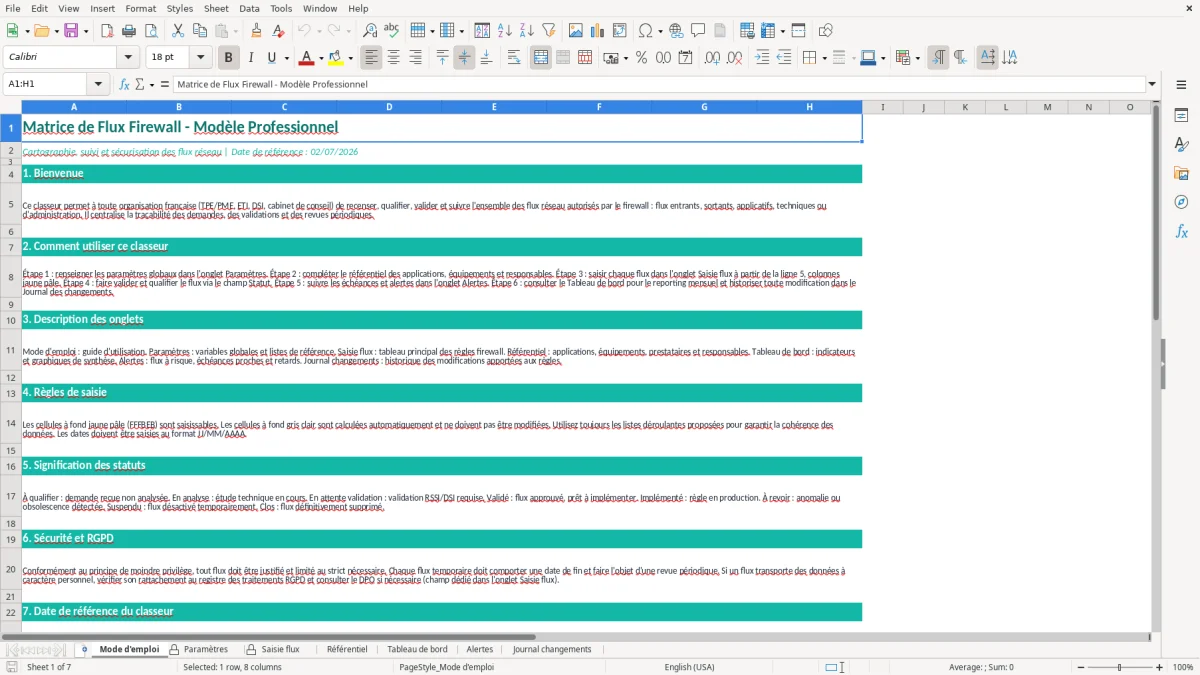 Capture d'écran 1 : Feuille Mode d'emploi - Modèle Excel Matrice de Flux Firewall Excel - Modèle Gratuit (2026)