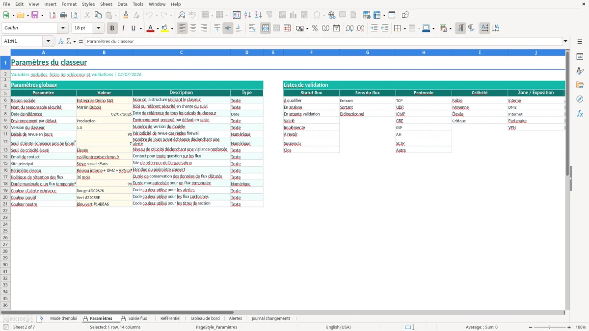 Capture d'écran 2 : Feuille Paramètres - Modèle Excel Matrice de Flux Firewall Excel - Modèle Gratuit (2026)
