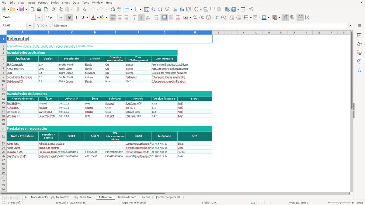 Capture d'écran 4 : Feuille Référentiel - Modèle Excel Matrice de Flux Firewall Excel - Modèle Gratuit (2026)