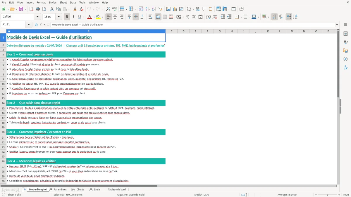 Capture d'écran 1 : Feuille Mode d'emploi - Modèle Excel Modèle de Devis Excel - Modèle Gratuit (2026)