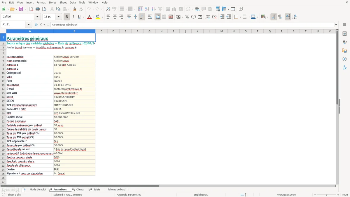 Capture d'écran 2 : Feuille Paramètres - Modèle Excel Modèle de Devis Excel - Modèle Gratuit (2026)
