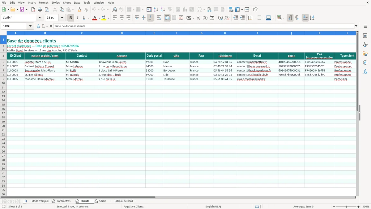 Capture d'écran 3 : Feuille Clients - Modèle Excel Modèle de Devis Excel - Modèle Gratuit (2026)