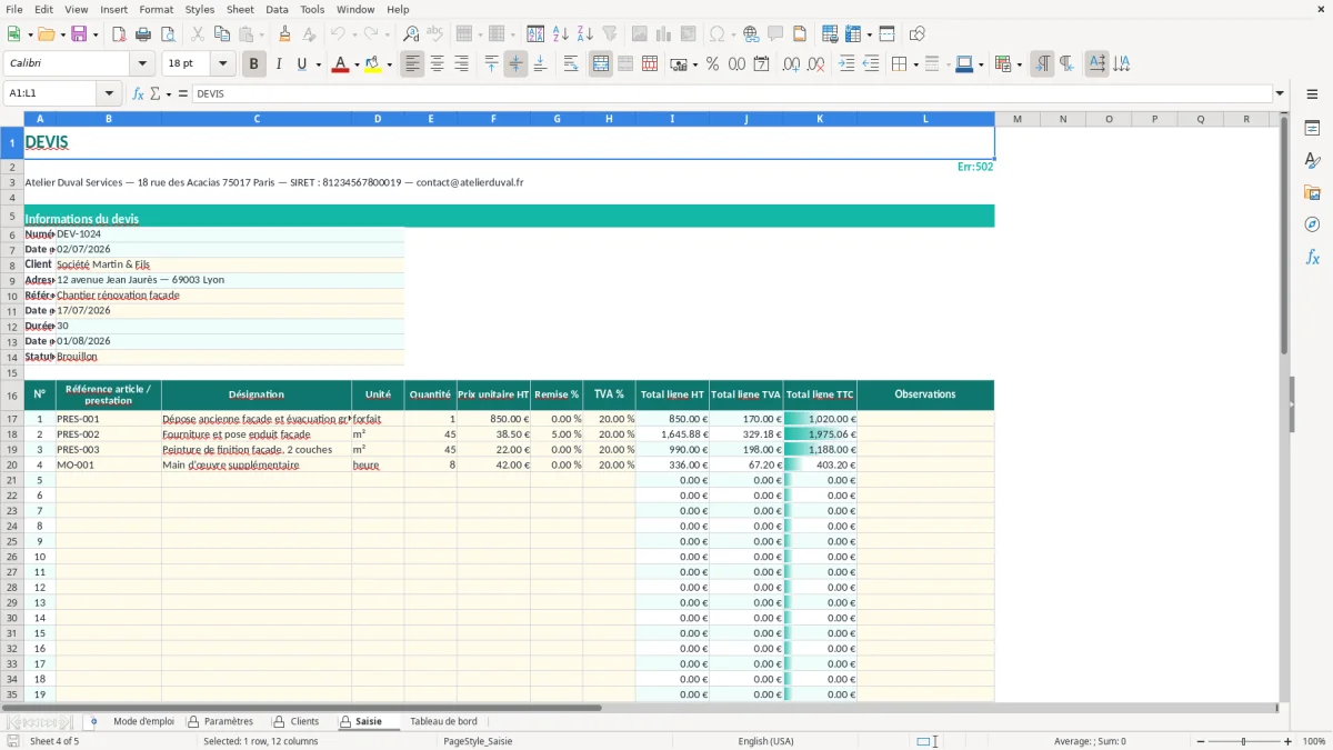 Capture d'écran 4 : Feuille Saisie - Modèle Excel Modèle de Devis Excel - Modèle Gratuit (2026)