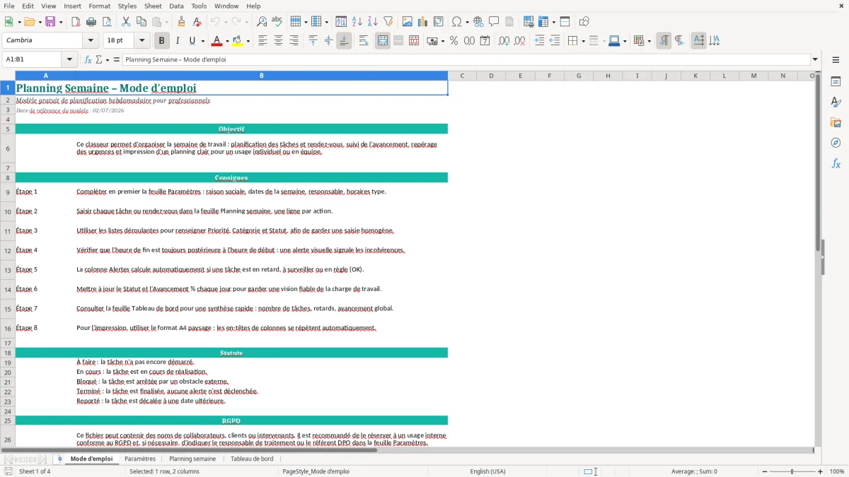 Capture d'écran 1 : Feuille Mode d'emploi - Modèle Excel Planning Semaine Excel - Modèle Gratuit (2026)