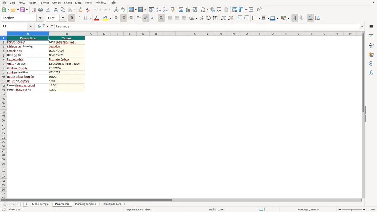 Capture d'écran 2 : Feuille Paramètres - Modèle Excel Planning Semaine Excel - Modèle Gratuit (2026)