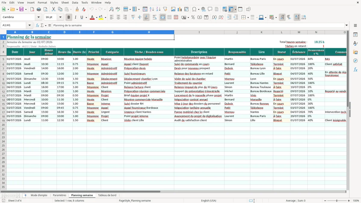 Capture d'écran 3 : Feuille Planning semaine - Modèle Excel Planning Semaine Excel - Modèle Gratuit (2026)