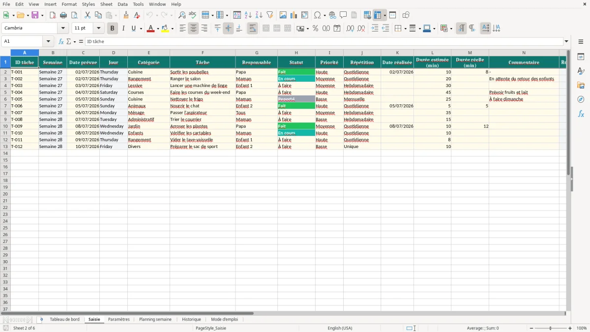 Capture d'écran 2 : Feuille Saisie - Modèle Excel Planning Tâches Ménagères Famille Excel - Modèle Gratuit (2026)