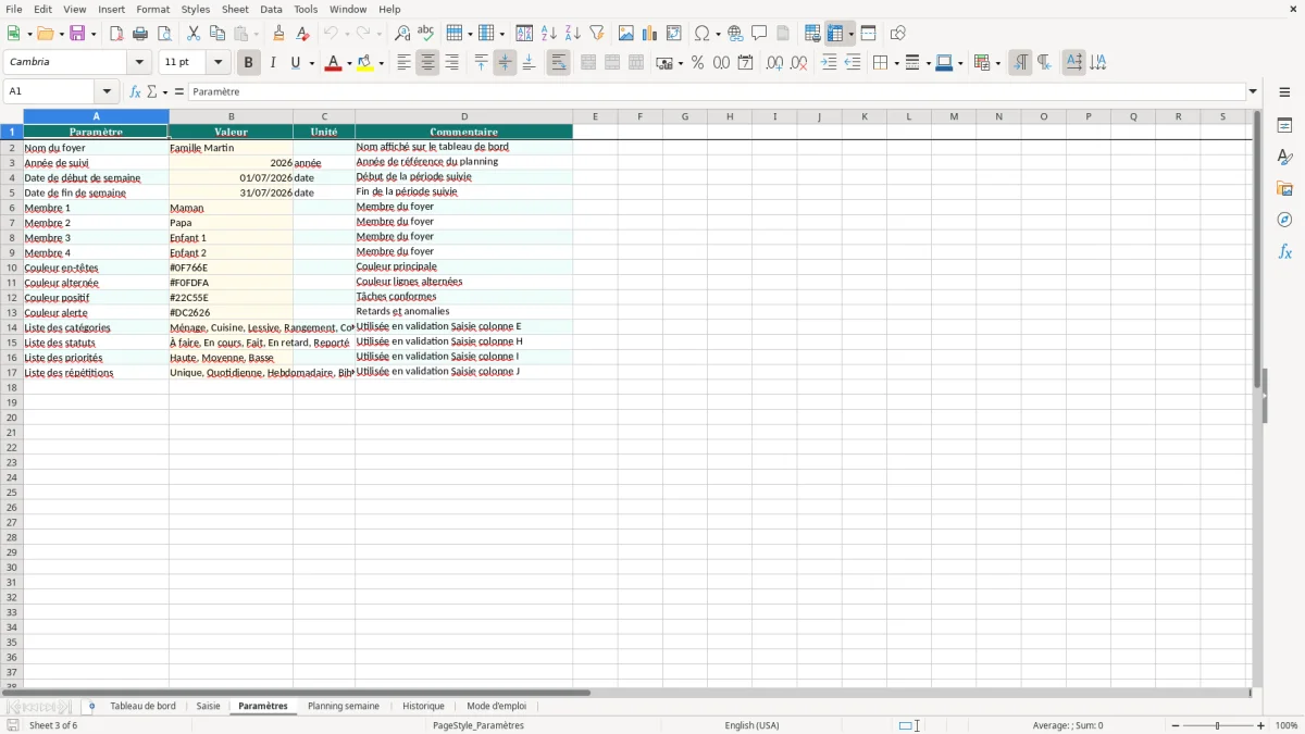 Capture d'écran 3 : Feuille Paramètres - Modèle Excel Planning Tâches Ménagères Famille Excel - Modèle Gratuit (2026)
