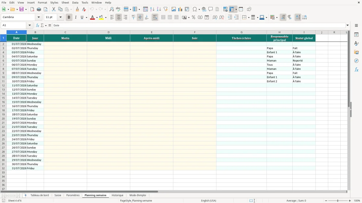 Capture d'écran 4 : Feuille Planning semaine - Modèle Excel Planning Tâches Ménagères Famille Excel - Modèle Gratuit (2026)