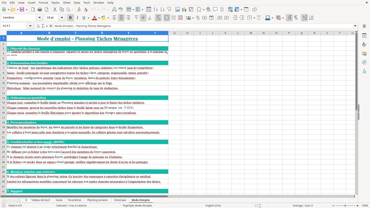 Capture d'écran 6 : Feuille Mode d'emploi - Modèle Excel Planning Tâches Ménagères Famille Excel - Modèle Gratuit (2026)