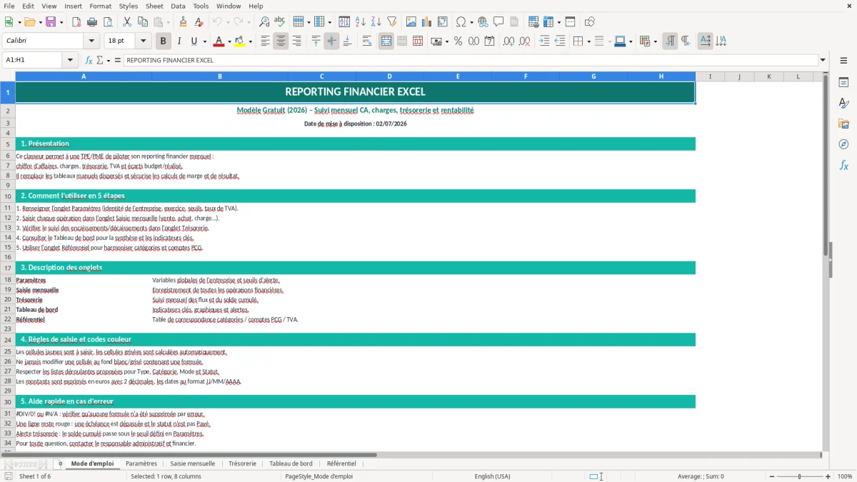 Capture d'écran 1 : Feuille Mode d'emploi - Modèle Excel Reporting Financier Excel - Modèle Gratuit (2026)