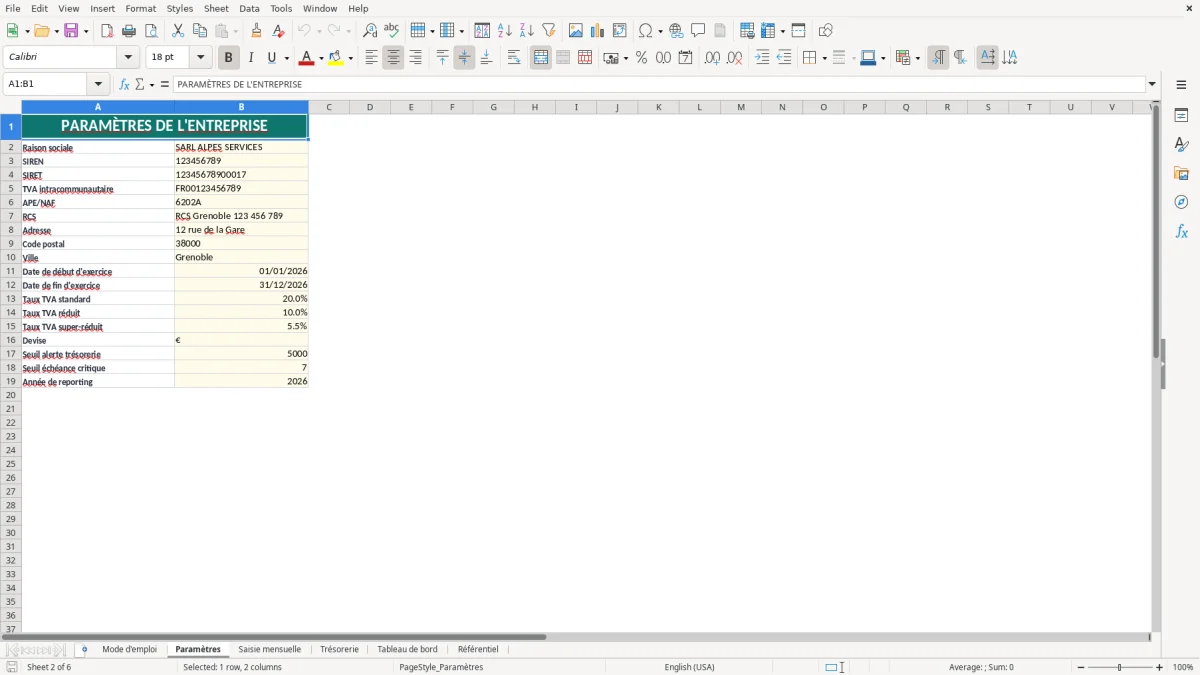Capture d'écran 2 : Feuille Paramètres - Modèle Excel Reporting Financier Excel - Modèle Gratuit (2026)