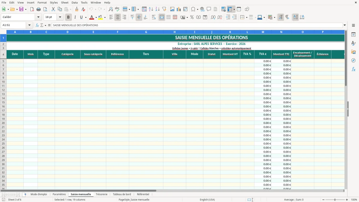 Capture d'écran 3 : Feuille Saisie mensuelle - Modèle Excel Reporting Financier Excel - Modèle Gratuit (2026)
