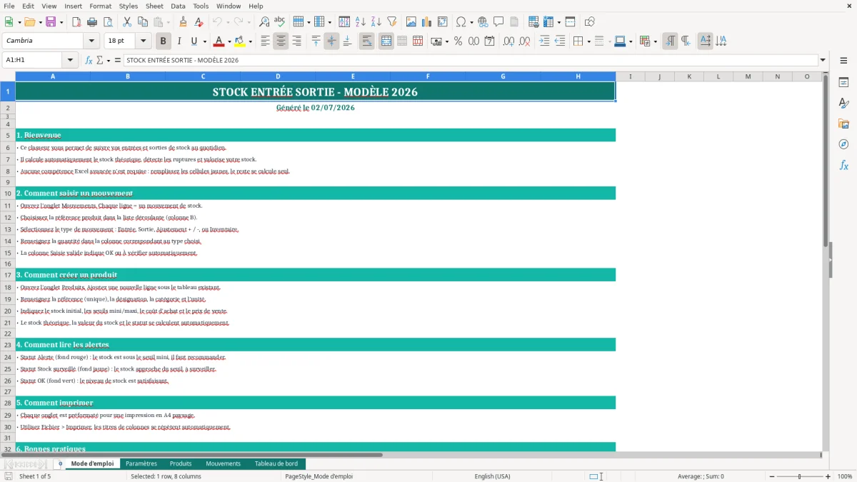 Capture d'écran 1 : Feuille Mode d'emploi - Modèle Excel Stock Entrée Sortie Excel - Modèle Gratuit (2026)