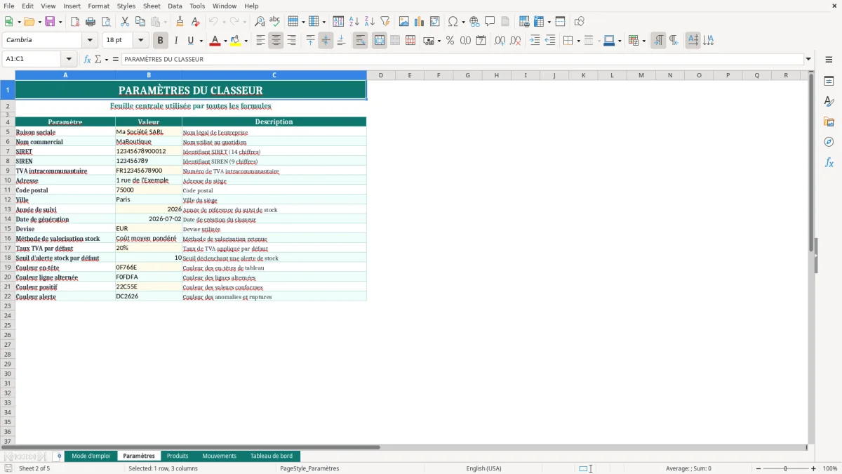 Capture d'écran 2 : Feuille Paramètres - Modèle Excel Stock Entrée Sortie Excel - Modèle Gratuit (2026)
