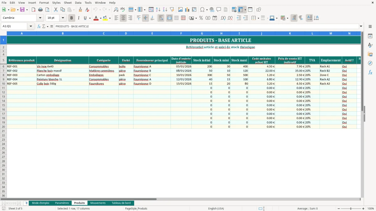 Capture d'écran 3 : Feuille Produits - Modèle Excel Stock Entrée Sortie Excel - Modèle Gratuit (2026)