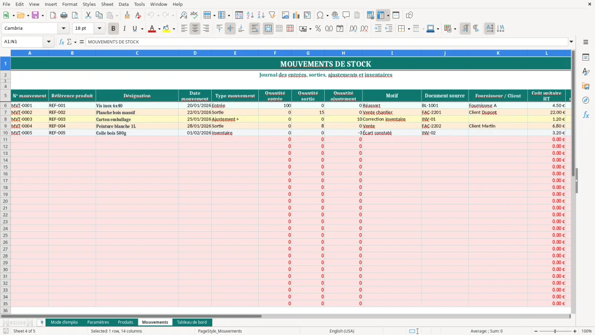 Capture d'écran 4 : Feuille Mouvements - Modèle Excel Stock Entrée Sortie Excel - Modèle Gratuit (2026)