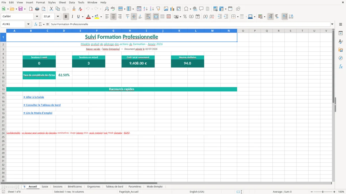Capture d'écran 1 : Feuille Accueil - Modèle Excel Suivi Formation Professionnelle Excel - Modèle Gratuit (2026)