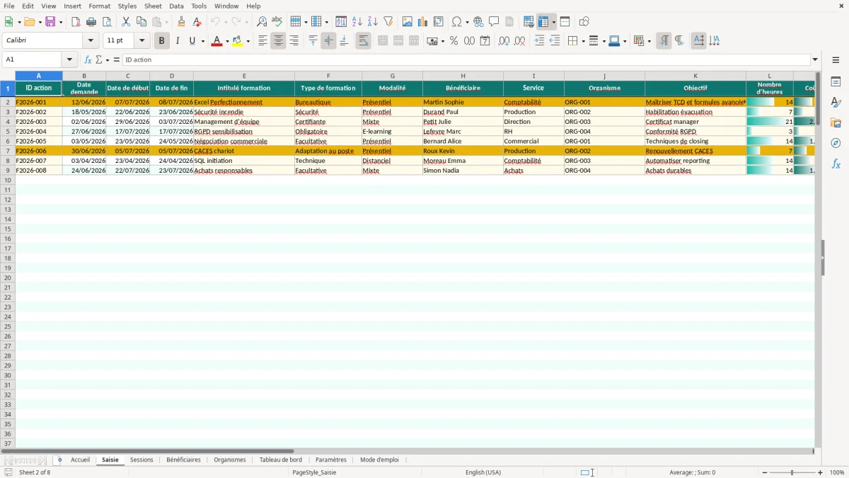 Capture d'écran 2 : Feuille Saisie - Modèle Excel Suivi Formation Professionnelle Excel - Modèle Gratuit (2026)